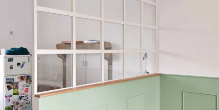 Verrière en acier Avec traverse atypique vitrage 33/2 feuilletés Laquage ral blanc 9016 FT 53700 AVERTON