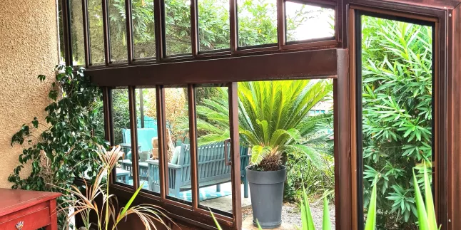 Partie fixe/verrière en acier style Corten Avec traverse intermédiaire, remplissage en vitrage avec imposte coulissant 66008 ARGELES SUR MER